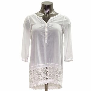 AERIE White Crochet Quarter Button 3/4 Sleeve Top